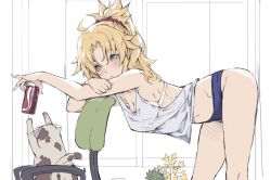 Rule 34 | 1girl, bare shoulders, bent over, blue shorts, blush, braid, breasts, can, cat, chair, closed mouth, drink can, fate/apocrypha, fate (series), french braid, green eyes, hair ornament, hair scrunchie, highres, long hair, looking at viewer, mordred (fate), mordred (fate/apocrypha), parted bangs, ponytail, red scrunchie, scrunchie, short shorts, shorts, sidelocks, small breasts, soda can, tank top, thighs, tonee, white tank top
