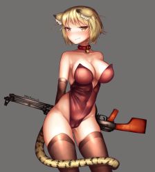 Rule 34 | animal ears, bell, blonde hair, bsapricot, cameltoe, cat ears, choker, collar, fang, gun, highres, image sample, kittysuit, leotard, light machine gun, neck bell, nontraditional playboy bunny, playboy bunny, rpk, rpk (upotte!!), tail, thighhighs, tiger tail, twitter sample, twitter username, upotte!!, weapon, yellow eyes