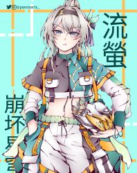 Rule 34 | 1girl, artist name, black bow, black hairband, black jacket, blue eyes, bow, commentary, english commentary, english text, firefly (honkai: star rail), furrowed brow, green background, green jacket, green nails, grey hair, hair between eyes, hair bun, hair ornament, hairband, hands in pockets, helmet, highres, honkai: star rail, honkai (series), instagram logo, jacket, long hair, looking at viewer, midriff, multicolored clothes, multicolored eyes, multicolored jacket, nail polish, navel, orange eyes, orange nails, panos (ssgpanos), pants, pocket, pouch, pout, sidelocks, solo, standing, twitter logo, unworn headwear, unworn helmet, white pants, zipper