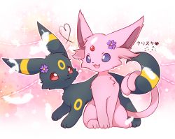 Rule 34 | :3, animal focus, artist name, closed mouth, creatures (company), diamond (shape), espeon, eye contact, feathers, flower, forehead jewel, from side, full body, game freak, gen 2 pokemon, hair flower, hair ornament, happy, heart, highres, intertwined tails, japanese text, kryztar, looking at another, nintendo, no humans, open mouth, outline, pokemon, pokemon (creature), purple eyes, purple flower, red eyes, signature, sitting, smile, standing, star (symbol), umbreon, white outline