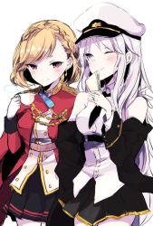 Rule 34 | 2girls, aiguillette, azur lane, bare shoulders, black coat, black neckwear, black skirt, blonde hair, blush, bob cut, braid, buttons, coat, collared shirt, commentary request, cowboy shot, cup, earrings, eating, enterprise (azur lane), epaulettes, food, french braid, hand on another&#039;s shoulder, hat, holding, holding cup, holding food, jacket, jewelry, long hair, looking at another, miniskirt, multiple girls, necktie, one eye closed, peaked cap, pleated skirt, prince of wales (azur lane), purple eyes, red eyes, red jacket, sandwich, shirt, short hair, silver hair, skirt, sleeveless, sleeveless shirt, sotsunaku, teacup, underbust, very long hair