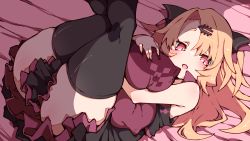 Rule 34 | 1girl, akatsuki uni, ass, bad id, bad pixiv id, bare shoulders, black shirt, black thighhighs, blonde hair, blush, commentary, fang, hair ornament, hairclip, highres, holding, holding pillow, kz oji, long hair, looking at viewer, lying, miniskirt, on back, on bed, open mouth, pillow, red eyes, red skirt, shirt, skin fang, skindentation, skirt, sleeveless, smile, solo, thighhighs, thighs, two side up, uni create, virtual youtuber, zettai ryouiki