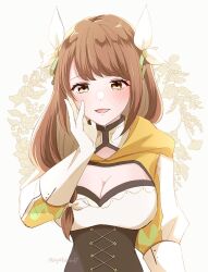 Rule 34 | 1girl, :d, breasts, brown hair, cleavage, commentary, corset, fire emblem, fire emblem engage, gloves, goldmary (fire emblem), hair ribbon, hand up, highres, large breasts, long hair, long sleeves, looking at viewer, nintendo, open mouth, ribbon, smile, solo, upper body, white gloves, white ribbon, yellow eyes, yutohiroya