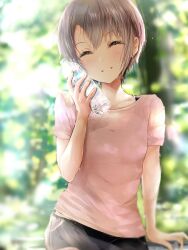 Rule 34 | 1girl, arm support, black shorts, blurry, blurry background, blush, bottle, breasts, closed mouth, collarbone, dappled sunlight, day, depth of field, dot nose, grey hair, hand up, highres, holding, holding bottle, idolmaster, idolmaster cinderella girls, idolmaster cinderella girls starlight stage, open mouth, otokura yuuki, outdoors, pink shirt, redeye (artist), shirt, short hair, short sleeves, shorts, small breasts, smile, solo, sunlight, sweat, tree