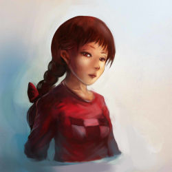 Rule 34 | 1girl, blouse, bow, braid, brown hair, expressionless, long hair, long sleeves, looking at viewer, madotsuki, ponytail, red eyes, red shirt, shirt, simple background, single braid, solo, upper body, yilx, yume nikki
