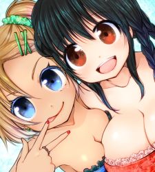 Rule 34 | 2girls, :q, bare shoulders, black hair, blue eyes, blush, breast press, breasts, chiru, cleavage, earrings, hair ornament, hairclip, jewelry, large breasts, looking at viewer, multiple girls, nail polish, open mouth, original, ponytail, ring, tongue, tongue out, v