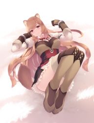 Rule 34 | 1girl, absurdres, animal ears, blush, boots, breasts, brown footwear, brown gloves, brown hair, cait aron, closed mouth, cuffs, frilled skirt, frills, full body, gloves, hair between eyes, highres, huge filesize, large breasts, long hair, long sleeves, looking at viewer, lying, md5 mismatch, on back, raccoon ears, raccoon girl, raccoon tail, raphtalia, red eyes, resolution mismatch, shackles, skirt, smile, solo, source smaller, tail, tate no yuusha no nariagari, thigh boots, thighhighs, very long hair