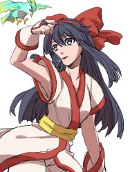 Rule 34 | 1girl, ainu clothes, arm up, armpits, artist name, bird, blue eyes, blue hair, breasts, clenched hand, curvy, hair ribbon, heart, legs, long hair, looking up, medium breasts, nakoruru, pants, parted lips, ribbon, samurai spirits, smile, snk, solo, the king of fighters, thighs, traditional media