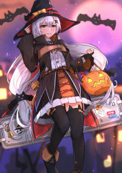 Rule 34 | 1girl, absurdres, black gloves, black hat, black thighhighs, fingerless gloves, garter straps, girls&#039; frontline, gloves, grey hair, hair ornament, halloween costume, hat, highres, long hair, long sleeves, looking at viewer, low twintails, muteppona hito, pumpkin, solo, svd (girls&#039; frontline), thighhighs, twintails, very long hair, weapon case, witch, witch hat, yellow eyes, zettai ryouiki