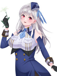 Rule 34 | 1girl, :d, bandaged head, bandages, black gloves, blue hat, blue necktie, blue ribbon, blue sleeves, blush, breasts, collared shirt, cosplay, detached sleeves, flower, garrison cap, gloves, goddess of victory: nikke, grey hair, hair ribbon, hat, highres, holding, holding flower, kayapotechi, large breasts, lily (flower), long hair, looking at viewer, marian (nikke), marian (nikke) (cosplay), modernia (nikke), necktie, open mouth, parted lips, red eyes, ribbon, shirt, short necktie, sidelocks, simple background, smile, solo, white background