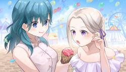 Rule 34 | 2girls, alternate costume, amusement park, balloon, bare shoulders, blue eyes, blue hair, blue sky, breasts, byleth (female) (fire emblem), byleth (fire emblem), casual, cloud, commentary request, contemporary, day, edelgard von hresvelg, ferris wheel, fire emblem, fire emblem: three houses, food, forehead, hair between eyes, hair ribbon, hand up, holding, holding food, ice cream, ice cream cone, long hair, medium breasts, multiple girls, nintendo, off-shoulder shirt, off shoulder, open mouth, outdoors, purple eyes, purple ribbon, qi&#039;e (penguin), ribbon, shirt, silver hair, sky, sleeveless, sleeveless shirt, smile