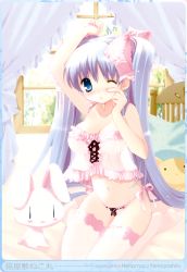 Rule 34 | 1girl, ;o, absurdres, arm up, babydoll, blue eyes, blue hair, blush, blush stickers, bow, breasts, cleavage, d:, hair bow, highres, kneeling, lace, lace-trimmed legwear, lace trim, large breasts, lingerie, matching hair/eyes, nekoyashiki nekomaru, one eye closed, open mouth, panties, pink panties, pink thighhighs, see-through, side-tie panties, solo, string panties, stuffed animal, stuffed rabbit, stuffed cat, stuffed toy, thighhighs, underwear, waking up, window, wink, | |