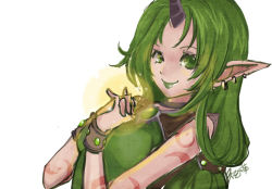Rule 34 | 1girl, aa2233a, alternate costume, bracelet, dryad soraka, earrings, green eyes, green hair, green lips, own hands clasped, horns, jewelry, league of legends, lipstick, long hair, makeup, matching hair/eyes, own hands together, pointy ears, ponytail, single horn, smile, solo, soraka (league of legends), tattoo, very long hair
