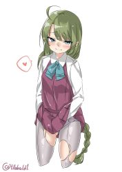 Rule 34 | 10s, 1girl, ahoge, bad id, bad twitter id, blue bow, blue bowtie, blue eyes, blush, bow, bowtie, braid, closed mouth, collared shirt, cowboy shot, cropped legs, dress, ebifurya, eyebrows, green hair, grey pantyhose, hand under clothes, heart, highres, inactive account, kantai collection, long hair, looking at viewer, panties, panties under pantyhose, pantyhose, pink dress, shirt, simple background, single braid, sleeveless, sleeveless dress, smile, solo, speech bubble, spoken heart, torn clothes, torn pantyhose, twitter username, underwear, very long hair, white background, white shirt, yuugumo (kancolle)