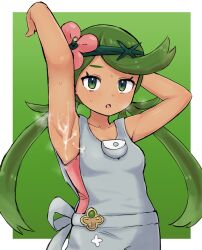 Rule 34 | 1girl, :o, arm up, armpits, blush, border, breath, collarbone, commentary request, creatures (company), cum, cum on armpit, eyelashes, flower, game freak, green background, green eyes, green hair, grey overalls, hair flower, hair ornament, hand up, highres, kutabireta neko, long hair, looking at viewer, mallow (pokemon), nintendo, open mouth, outside border, overalls, pink flower, pink shirt, pokemon, pokemon sm, presenting armpit, shirt, solo, sweat, swept bangs, twintails, white border