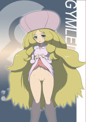 Rule 34 | 10s, 1girl, blonde hair, blush, breasts, caitlin (pokemon), cleft of venus, clothes lift, covered erect nipples, creatures (company), dress, dress lift, elite four, flat chest, game freak, green eyes, hat, highres, long hair, makoto daikichi, nintendo, open mouth, pokemon, pokemon bw, pussy, solo, uncensored, very long hair