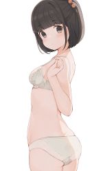 Rule 34 | 1girl, ass, belly, black eyes, black hair, blush, bob cut, bra, breasts, clenched hand, closed mouth, expressionless, hair bobbles, hair ornament, hand up, highres, hiroki (yyqw7151), looking at viewer, looking back, medium breasts, original, panties, simple background, solo, underwear, underwear only, white background, white bra, white panties