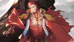 Rule 34 | 1boy, belt, blue eyes, brown hair, cannon, close-up, collar, cross scar, epaulettes, facial hair, fate/grand order, fate (series), fighting stance, fringe trim, goatee, high collar, huge weapon, jacket, long sideburns, long sleeves, male focus, military, military uniform, muscular, napoleon bonaparte (fate), open clothes, open jacket, open shirt, pants, pectoral cleavage, pectorals, q307011598, scar, scar on chest, short hair, sideburns, smile, solo, thick thighs, thighs, unbuttoned, uniform, very short hair, weapon, white pants