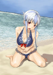 Rule 34 | 1girl, adapted costume, alternate hairstyle, bare legs, bare shoulders, beach, bikini, blue bikini, blue hair, blush, breasts, cleavage, collarbone, covered erect nipples, day, female focus, hair up, kabocha head, kamishirasawa keine, large breasts, long hair, multicolored hair, outdoors, red eyes, sand, silver hair, sitting, solo, swimsuit, touhou, twintails, two-tone hair, wariza, water