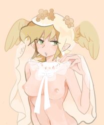 Rule 34 | 1other, androgynous, asuka ryou, bow, breasts, brown hair, devilman, devilman crybaby, flower, forengmenot, green eyes, head wings, large breasts, light brown background, male with breasts, navel, open mouth, pointy ears, satan (devilman), short hair, solo, teeth, upper body, upper teeth only, veil, white bow, wings