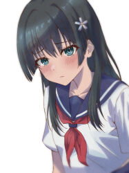 1girl absurdres black_hair blue_eyes blue_sailor_collar blush closed_mouth embarrassed flower hair_between_eyes hair_flower hair_ornament halya_meri highres light_frown long_hair looking_at_viewer neckerchief red_neckerchief sailor_collar sakugawa_school_uniform saten_ruiko school_uniform serafuku shirt short_sleeves solo straight_hair summer_uniform toaru_kagaku_no_railgun toaru_majutsu_no_index upper_body white_background white_shirt