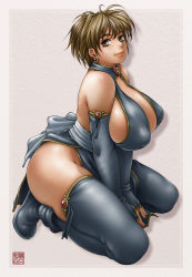 Rule 34 | 1girl, absurdres, ankh, bow, breasts, earrings, elbow gloves, fingerless gloves, gloves, highres, huge breasts, jewelry, kneeling, large breasts, looking at viewer, non-web source, phaia, plump, puffy nipples, revealing clothes, short hair, sideboob, solo, spunky knight, thick thighs, thighhighs, thighs, youhei kozou