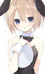 Rule 34 | absurdres, alternate costume, animal ears, bare shoulders, black bow, black bowtie, blanc (neptunia), blue eyes, bow, bowtie, brown hair, buran buta, collar, cuffs, detached collar, dress, hair between eyes, highres, leotard, neptune (series), open mouth, plate, playboy bunny, playgirl, rabbit ears, ribbon, short hair, simple background, white background