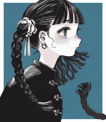 Rule 34 | 1girl, black hair, blue background, blunt bangs, blush, border, braid, chinese clothes, closed mouth, earrings, expressionless, female focus, from side, hanio3, highres, jewelry, lips, original, outside border, pale skin, profile, simple background, solo, tangzhuang, twin braids, white border