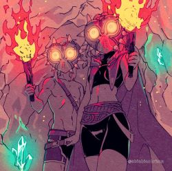 Rule 34 | 1boy, 1girl, alternate costume, arm armor, bare shoulders, belt, belt buckle, bike shorts, breasts, buckle, cape, cave, collarbone, cowboy shot, crop top, crystal, fire, glowing, glowing eyes, holding, holding torch, link, majora (entity), mask, muted color, navel, nintendo, princess zelda, topless male, short hair, shuri (84k), sidelocks, sleeveless, small breasts, standing, the legend of zelda, the legend of zelda: breath of the wild, the legend of zelda: tears of the kingdom, the legend of zelda: majora&#039;s mask, toned, torch, twitter username