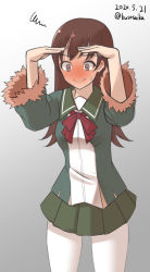 Rule 34 | 1girl, blush, brown eyes, brown hair, commentary request, cosplay, cowboy shot, dated, fur-trimmed sleeves, fur trim, gradient background, green jacket, green sailor collar, green skirt, grey background, jacket, kantai collection, long hair, long sleeves, neck ribbon, nose blush, one-hour drawing challenge, ooi (kancolle), pantyhose, pleated skirt, red ribbon, ribbon, sailor collar, school uniform, serafuku, shading eyes, shimushu (kancolle), shimushu (kancolle) (cosplay), shimushu pose, short hair, skirt, smile, solo, white background, white pantyhose, yuki to hana