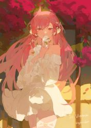 Rule 34 | 1girl, anniversary, artist name, bare shoulders, character name, cloud9, commentary, cowboy shot, dragon girl, dragon horns, dress, english commentary, flower, hair between eyes, hayamafair, highres, holding, holding flower, horns, jewelry, long hair, looking at viewer, necklace, pink eyes, pink hair, solo, standing, thigh strap, very long hair, vienna (vtuber), vienna (vtuber) (2nd costume), virtual youtuber, watermark