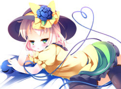 Rule 34 | 1girl, black thighhighs, blush, bow, elbow rest, green eyes, hat, hat bow, komeiji koishi, lying, on side, pointy ears, solo, thighhighs, third eye, touhou, white hair, zefa (neoaltemice)