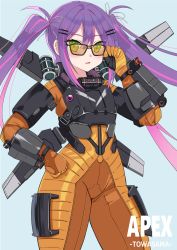 Rule 34 | 1girl, absurdres, apex legends, blue background, blush, bodysuit, clenched hand, copyright name, cosplay, green eyes, hair behind ear, hand on own hip, highres, hololive, jetpack, logo, looking at viewer, open mouth, orange bodysuit, purple hair, ranobe-senka, solo, sunglasses, tokoyami towa, twintails, valkyrie (apex legends), valkyrie (apex legends) (cosplay), virtual youtuber