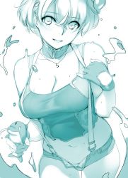 Rule 34 | 1girl, aqua theme, blush, breasts, cleavage, cowboy shot, crossed bangs, gloves, green theme, grin, hand up, holding, large breasts, looking at viewer, micro shorts, midriff, monochrome, navel, open clothes, open shorts, original, parted lips, partially fingerless gloves, sasaoka gungu, short hair, short shorts, shorts, simple background, smile, solo, splashing, suspender shorts, suspenders, tank top, thighs, toy, water