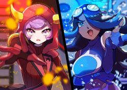 Rule 34 | 2girls, absurdres, black hair, blue eyes, blue hair, breasts, bubble, commentary request, courtney (pokemon), creatures (company), dark-skinned female, dark skin, eyelashes, eyeshadow, fake horns, fire, game freak, gloves, goggles, goggles on head, hair over one eye, highres, hood, horns, lipstick, long hair, looking at viewer, makeup, multicolored hair, multiple girls, navel, nintendo, open mouth, pokemon, pokemon oras, pon yui, purple eyes, purple hair, red lips, ribbed sweater, shelly (pokemon), short hair, split screen, spread fingers, sweater, team aqua, team magma, team magma uniform, two-tone hair, uniform