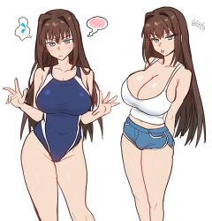 Rule 34 | 1girl, absurdres, aozaki aoko, bare shoulders, blue eyes, blush, breasts, brown hair, cleavage, collarbone, ebora, fate/grand order, fate (series), highres, large breasts, long hair, mahou tsukai no yoru, miniskirt, multiple views, one-piece swimsuit, shirt, skirt, swimsuit, thighs, tsukihime, white shirt