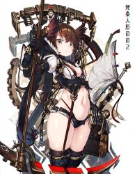 Rule 34 | 1girl, black gloves, blush, book, breasts, brown hair, closed mouth, cowboy shot, gloves, green eyes, headgear, highres, hip focus, holding, index finger raised, mecha musume, medium breasts, natori youkai, navel, open book, open fly, original, scythe, sheath, sheathed, short hair, short shorts, shorts, simple background, solo, sword, thighs, weapon, white background