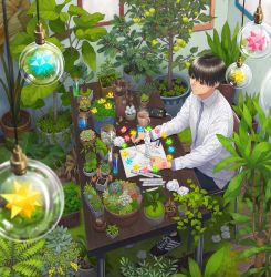 Rule 34 | 1boy, black hair, blurry, blurry foreground, crumpled paper, desk, eraser, flower, food, fruit, highres, jar, leaf, light bulb, long sleeves, male focus, minami (minami373916), original, pencil, phone, plant, potted plant, shirt, shoes, short hair, sitting, smile, solo, steam, striped clothes, striped shirt, white shirt, yellow flower
