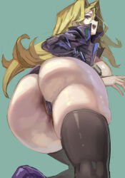Rule 34 | 1girl, ass, ass focus, blonde hair, blue eyes, breasts, cameltoe, come hither, from behind, from below, high heels, huge ass, jacket, kazo (kazozakazo), kujaku mai, large breasts, leaning, leaning forward, long hair, looking at viewer, looking back, looking down, miniskirt, open mouth, partially visible vulva, pencil skirt, sideboob, skirt, smile, solo, thick thighs, thighhighs, thighs, thong, upskirt, yu-gi-oh!