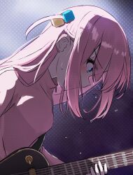 Rule 34 | 1girl, absurdres, blue eyes, blush, bocchi the rock!, cube hair ornament, gotoh hitori, guitar, hair ornament, highres, holding, holding guitar, holding instrument, instrument, long hair, music, pink hair, pink track suit, playing instrument, solo, takku (t oekakidaisuki), track suit, very long hair
