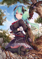 Rule 34 | &gt;:), 1girl, akkijin, aqua hair, ass, blue sky, boots, bow (weapon), breasts, day, hair ornament, large breasts, official art, outdoors, seiza, shinkai no valkyrie, short hair, sitting, sky, soles, tree, uniform, weapon, yellow eyes