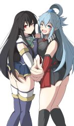 Rule 34 | 2girls, absurdres, akame (akame ga kill!), akame ga kill!, aqua (konosuba), aqua (konosuba) (cosplay), arm ribbon, arm up, ass, bare shoulders, belt, black hair, blue eyes, blue footwear, blue hair, blue shirt, blue skirt, blue thighhighs, blush, boots, bow, bowtie, breasts, choker, collar, cosplay, detached sleeves, gem, green bow, green bowtie, hair between eyes, hair ornament, hair rings, hand up, highres, kono subarashii sekai ni shukufuku wo!, large breasts, long hair, looking at viewer, medium breasts, multiple girls, necktie, no panties, open mouth, red belt, red eyes, red necktie, red ribbon, ribbon, shirt, simple background, single hair ring, skirt, sleeveless, smile, smiley face, standing, sunege137131, thigh boots, thighhighs, thighhighs under boots, very long hair, white background, white collar, white sleeves