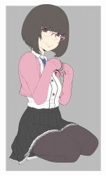 Rule 34 | 1girl, black pantyhose, black skirt, blue necktie, blunt bangs, bob cut, breasts, brown eyes, brown hair, cardigan, closed mouth, expressionless, flat color, highres, ina (gokihoihoi), long sleeves, looking at viewer, mole, mole under mouth, necktie, original, pantyhose, short hair, sitting, skirt, sleeves past wrists, small breasts, solo, unfinished, wariza