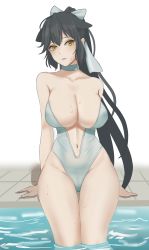 Rule 34 | 1girl, absurdres, azur lane, black hair, bow, breasts, center opening, choker, fui attack, hair bow, high ponytail, highres, large breasts, long hair, looking away, navel, one-piece swimsuit, poolside, sideways glance, simple background, solo, strapless, strapless one-piece swimsuit, sweatdrop, swimsuit, takao (azur lane), very long hair, wading, white background, white bow, white choker, yellow eyes