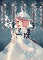 Rule 34 | 1girl, bad id, bad pixiv id, bug, butterfly, cherry blossoms, female focus, hat, insect, japanese clothes, obi, pink eyes, pink hair, ribbon, saigyouji yuyuko, sash, short hair, smile, solo, touhou, triangular headpiece, wide sleeves, yujup