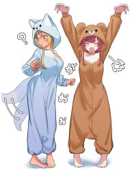 Rule 34 | 2girls, animal costume, animal ears, bare shoulders, bear costume, blonde hair, blush, dark-skinned female, dark skin, gao, highres, hololive, houshou marine, long hair, multicolored hair, multiple girls, open mouth, red hair, shino 12a, shiranui flare, simple background, streaked hair, tail, tail wagging, virtual youtuber, white background, wolf costume