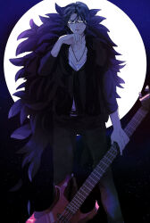 Rule 34 | 1boy, band yarouze!, black pants, black shirt, full body, glasses, guitar, hand up, highres, holding, holding guitar, holding instrument, instrument, jewelry, kurusu makoto, looking at viewer, male focus, necklace, night, night sky, outdoors, pants, shirt, sky, solo, standing, star (sky), starry sky, wakame (mmm0120mm1)