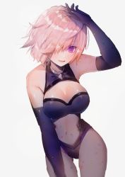 Rule 34 | 1girl, bad id, bad twitter id, breasts, cleavage, detached sleeves, fate/grand order, fate (series), hair over one eye, hanato (seonoaiko), mash kyrielight, navel, open mouth, pink hair, purple eyes, short hair, simple background, solo, standing