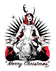 Rule 34 | 1boy, 1girl, animal ears, antlers, breasts, christmas, clothed female nude male, clothed sex, cowgirl position, deer ears, girl on top, hetero, horns, interlocked fingers, jbstyle, large breasts, merry christmas, monochrome, nail polish, nipples, nude, open mouth, original, red hair, red theme, reindeer antlers, santa claus, sex, straddling, surreal