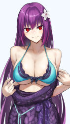 Rule 34 | 1girl, absurdres, bare shoulders, bikini, breasts, cleavage, dress, fate/grand order, fate (series), highres, kugiseiichi, large breasts, long hair, looking at viewer, off shoulder, red eyes, red hair, scathach (fate), scathach skadi (fate), scathach skadi (swimsuit ruler) (fate), scathach skadi (swimsuit ruler) (final ascension) (fate), scathach skadi (swimsuit ruler) (second ascension) (fate), scathach skadi (third ascension) (fate), smile, solo, sweater, sweater dress, swimsuit, white background
